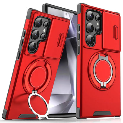 Shockproof magnetic phone case with sliding camera lens cover and rotating ring holder