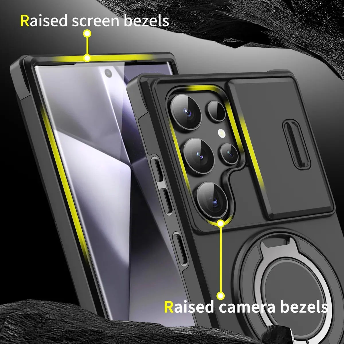 Shockproof magnetic phone case with sliding camera lens cover and rotating ring holder