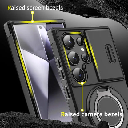 Shockproof magnetic phone case with sliding camera lens cover and rotating ring holder