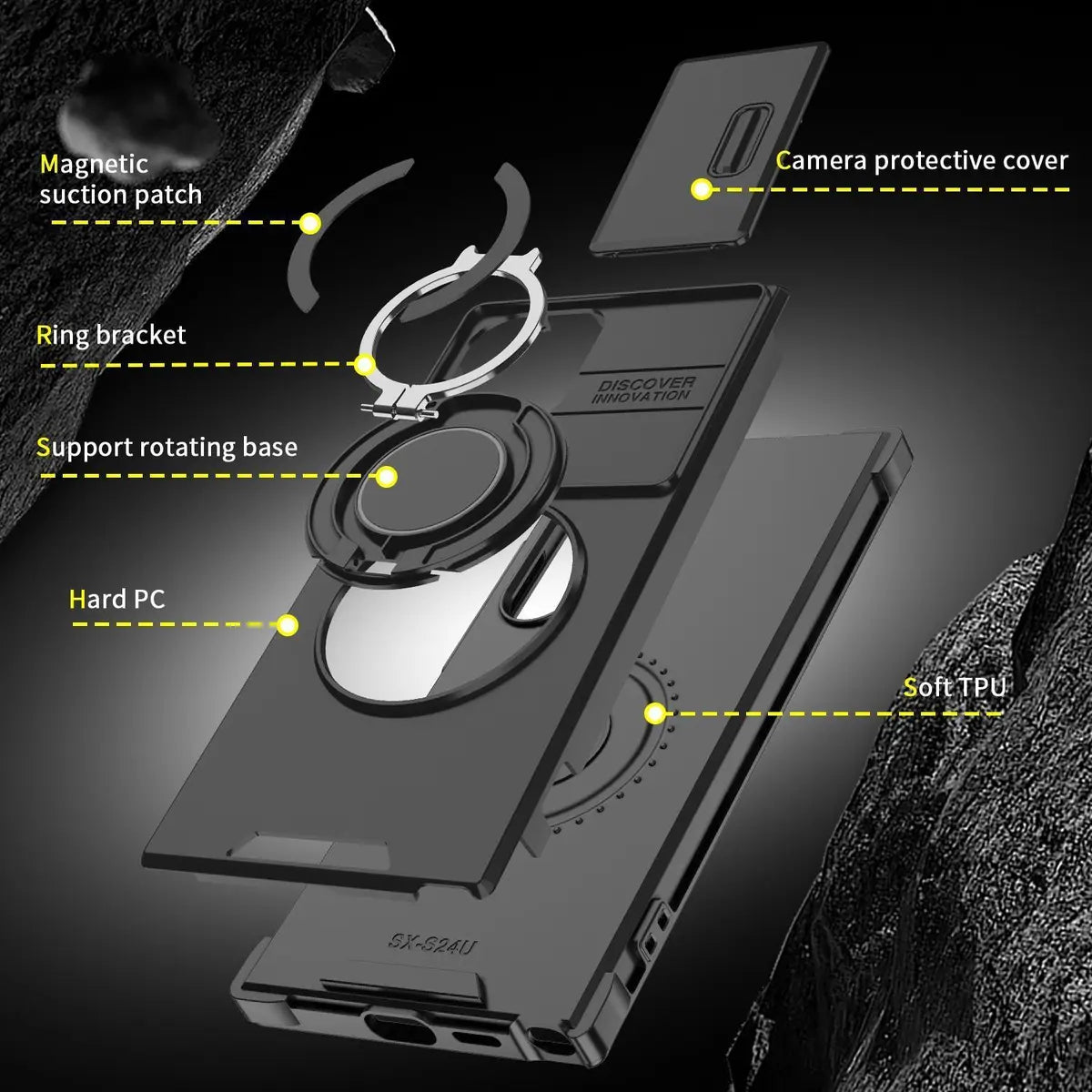 Shockproof magnetic phone case with sliding camera lens cover and rotating ring holder