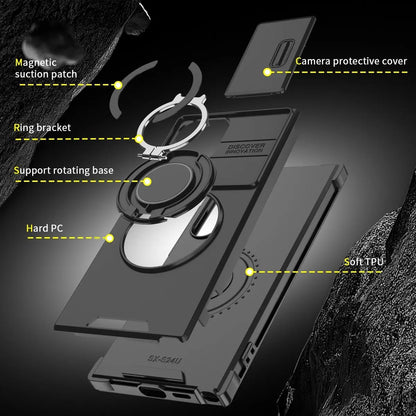 Shockproof magnetic phone case with sliding camera lens cover and rotating ring holder