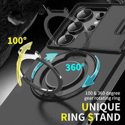 Shockproof magnetic phone case with sliding camera lens cover and rotating ring holder
