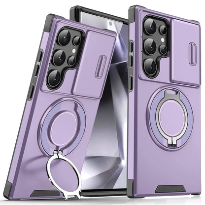 Shockproof magnetic phone case with sliding camera lens cover and rotating ring holder