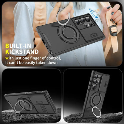 Shockproof magnetic phone case with sliding camera lens cover and rotating ring holder
