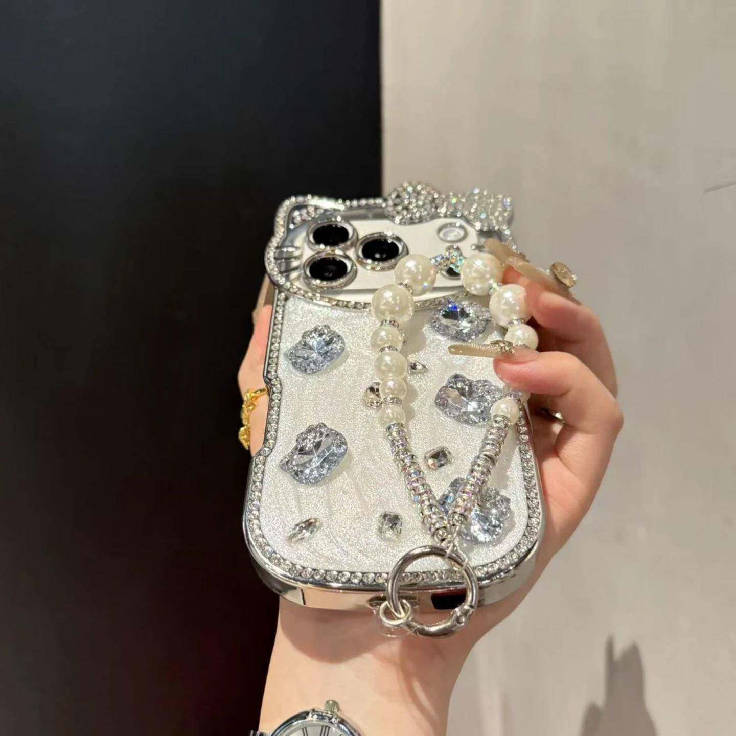 Luxury Sparkling "Crystal Kitty" Diamond & Pearl Bracelet Phone Case