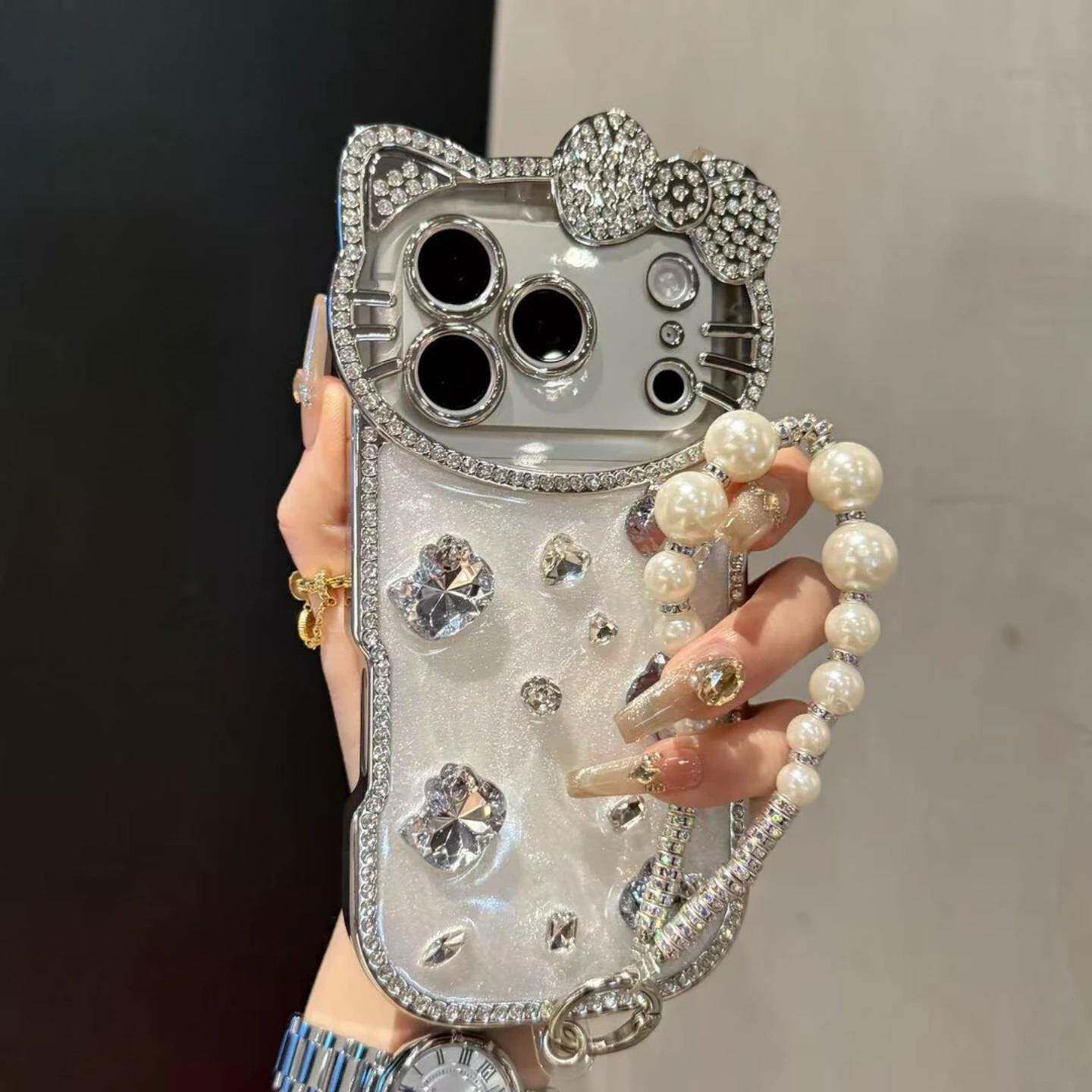 Luxury Sparkling "Crystal Kitty" Diamond & Pearl Bracelet Phone Case