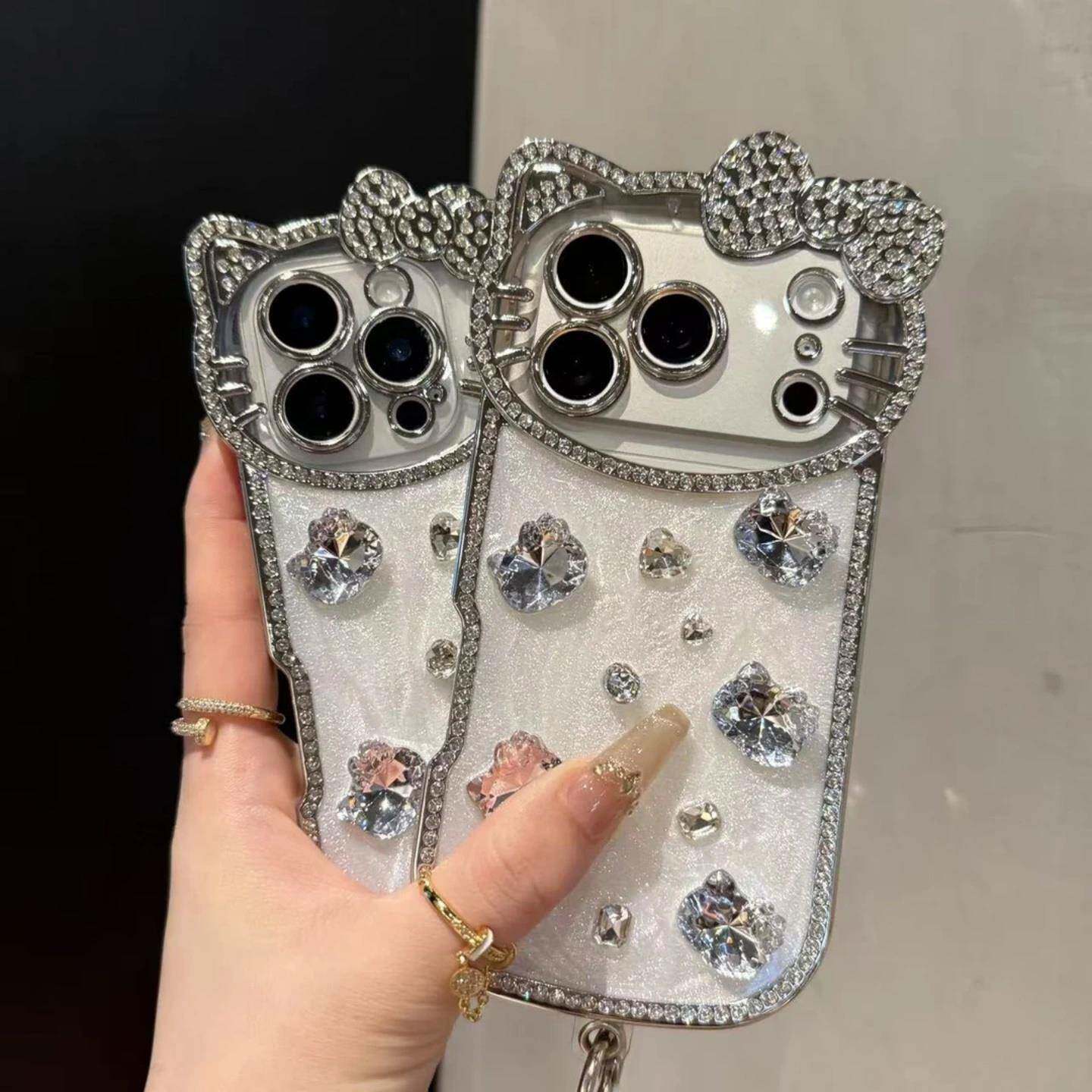 Luxury Sparkling "Crystal Kitty" Diamond & Pearl Bracelet Phone Case