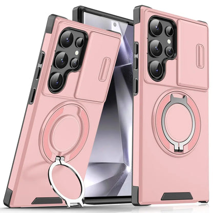 Shockproof magnetic phone case with sliding camera lens cover and rotating ring holder