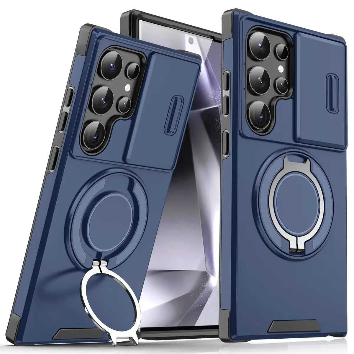 Shockproof magnetic phone case with sliding camera lens cover and rotating ring holder