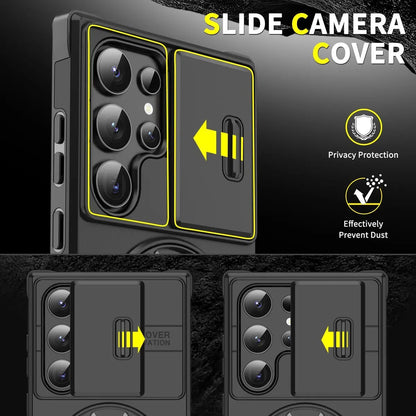 Shockproof magnetic phone case with sliding camera lens cover and rotating ring holder