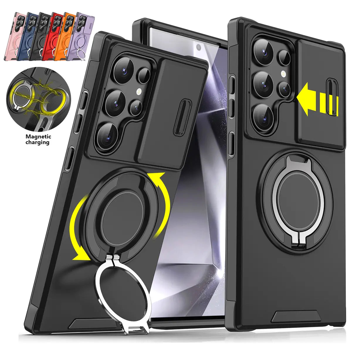 Shockproof magnetic phone case with sliding camera lens cover and rotating ring holder