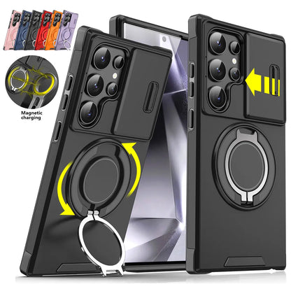 Shockproof magnetic phone case with sliding camera lens cover and rotating ring holder