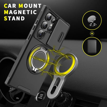 Shockproof magnetic phone case with sliding camera lens cover and rotating ring holder