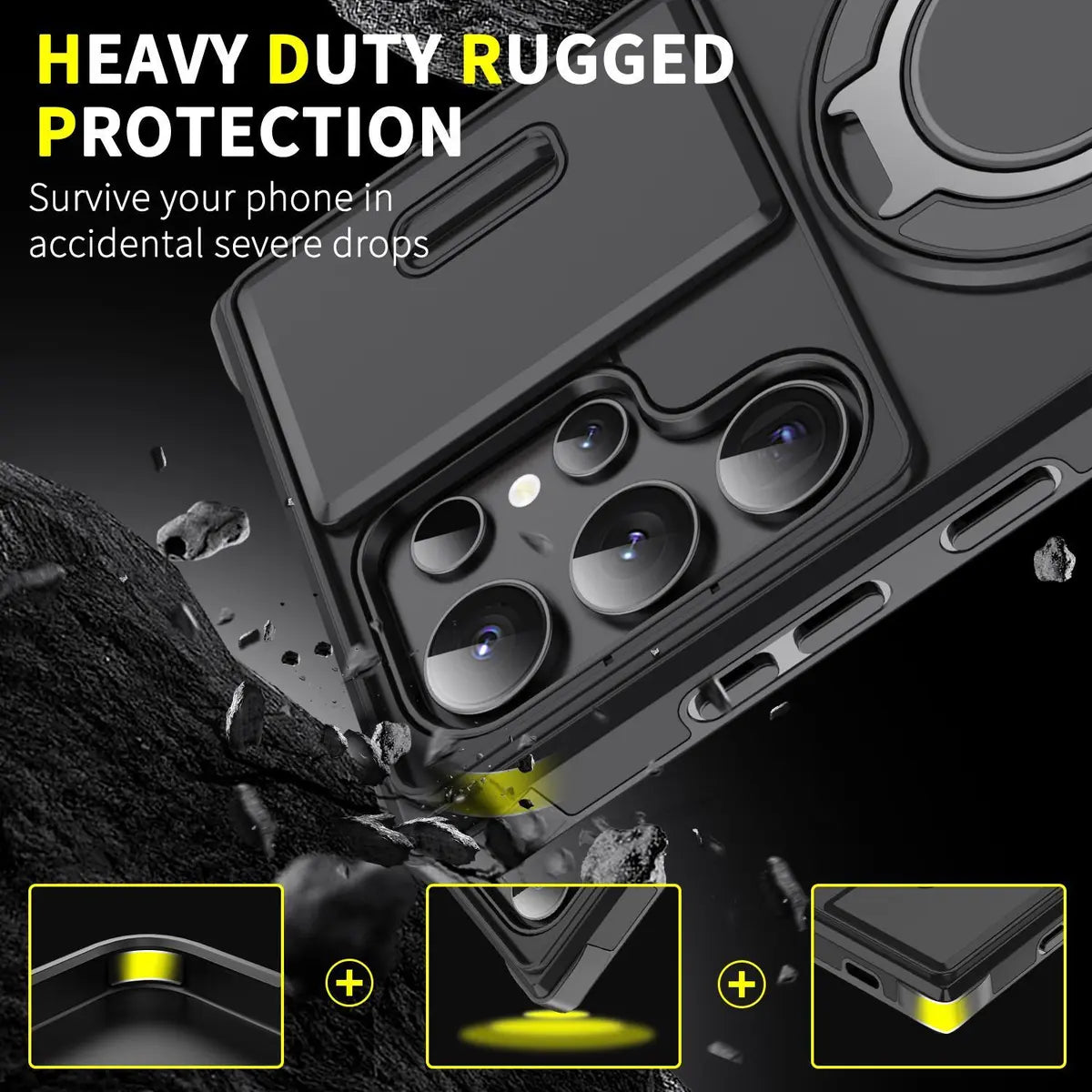 Shockproof magnetic phone case with sliding camera lens cover and rotating ring holder
