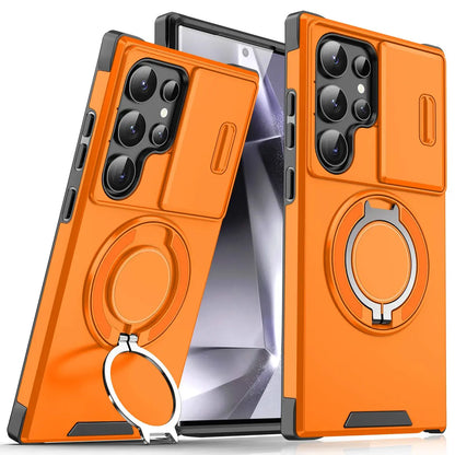 Shockproof magnetic phone case with sliding camera lens cover and rotating ring holder