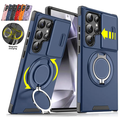 Shockproof magnetic phone case with sliding camera lens cover and rotating ring holder