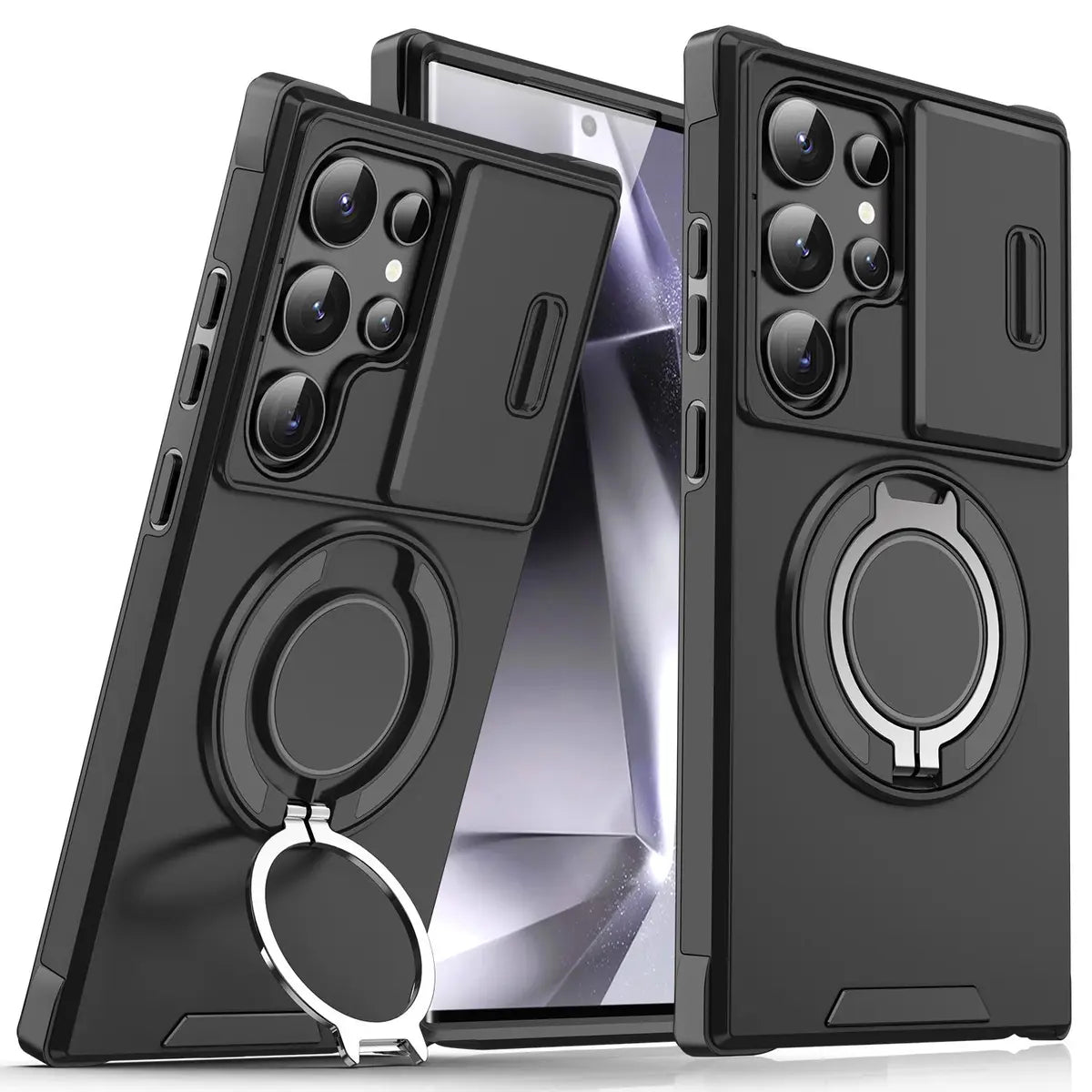 Shockproof magnetic phone case with sliding camera lens cover and rotating ring holder